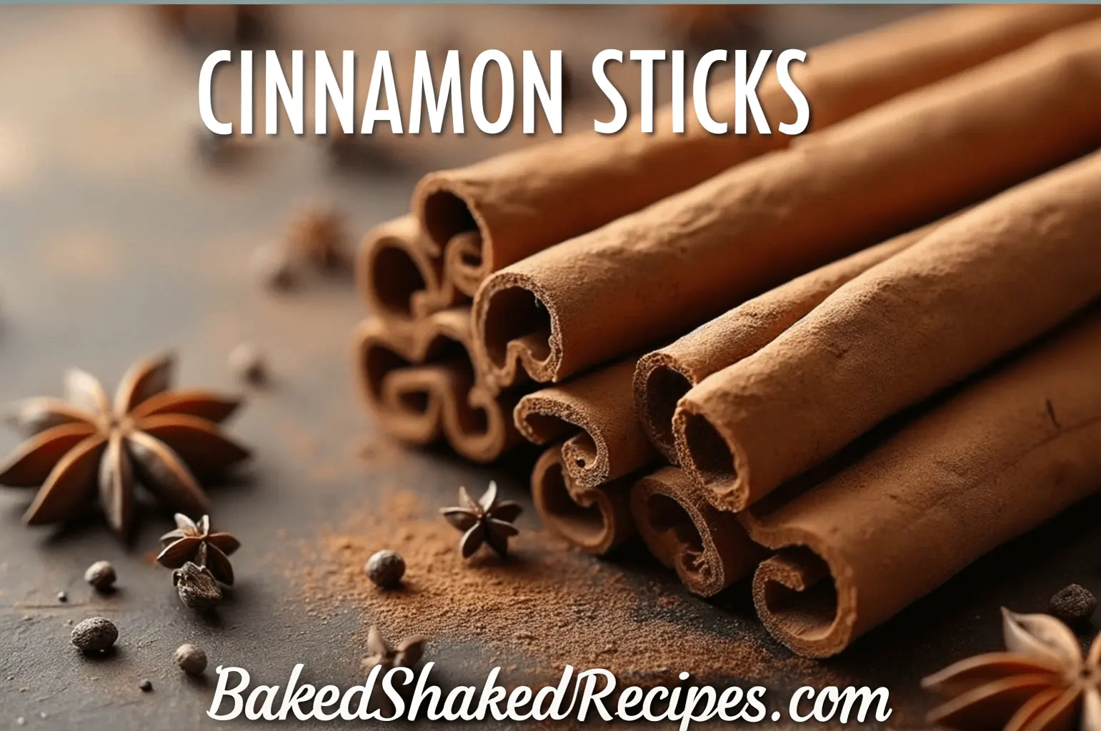 A close-up of cinnamon sticks on a rustic wooden surface, surrounded by star anise and cloves.