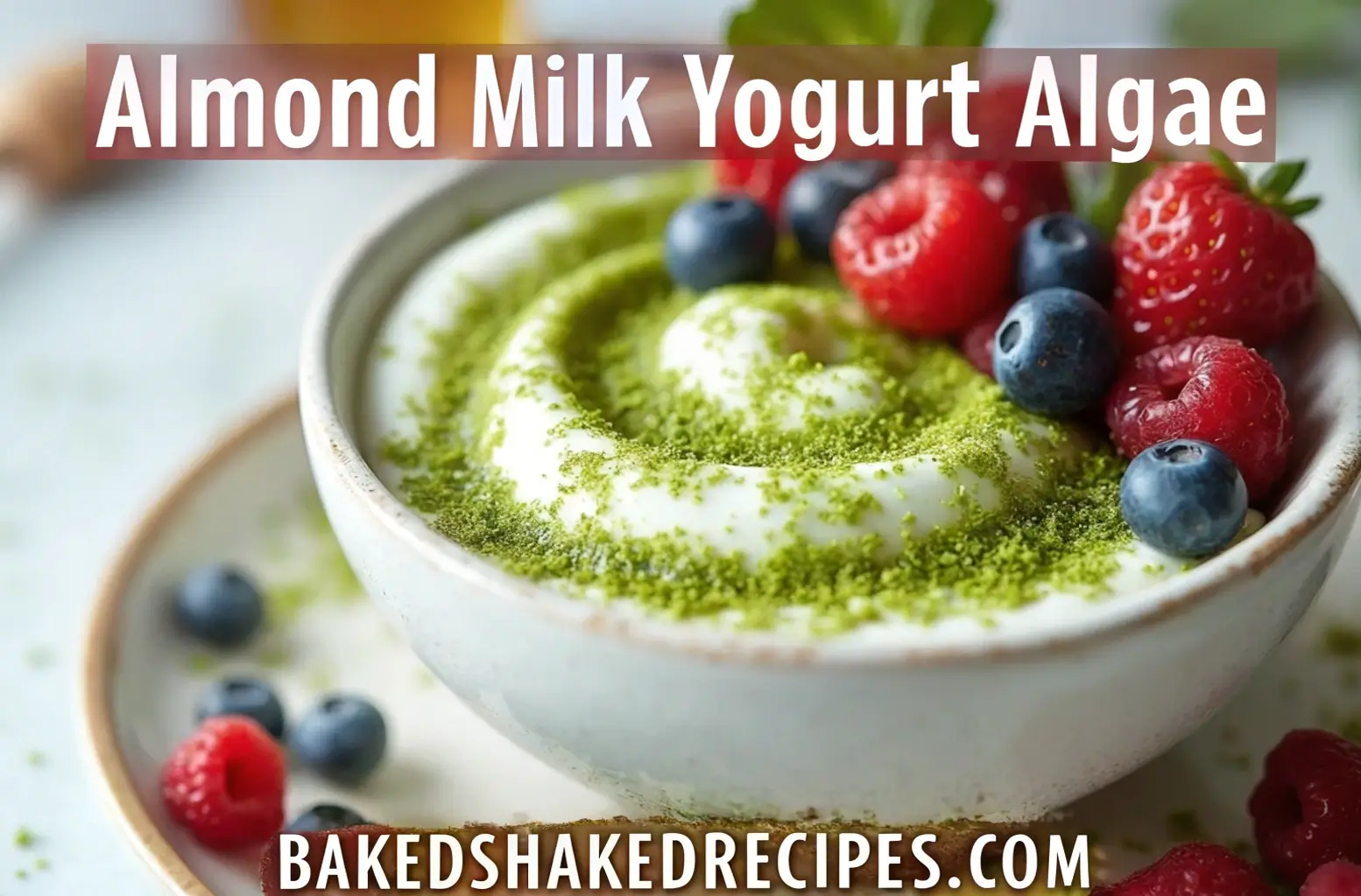 Bowl of almond milk yogurt with algae, topped with berries and honey.