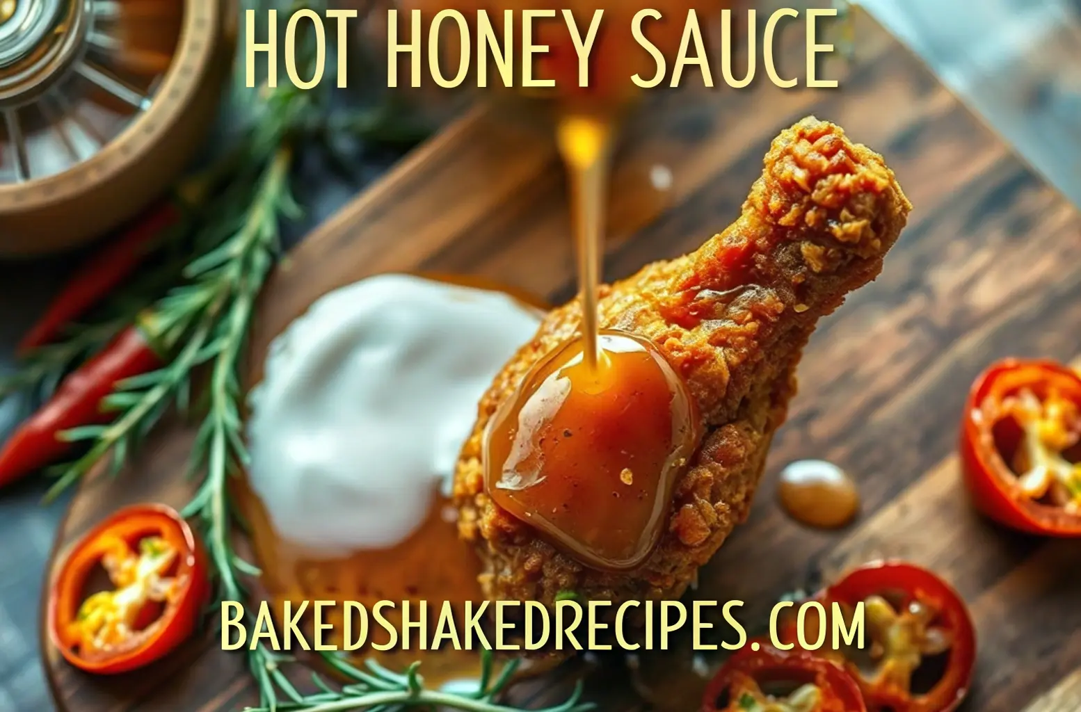 Close-up of hot honey sauce being drizzled over fried chicken, surrounded by fresh herbs and chili peppers