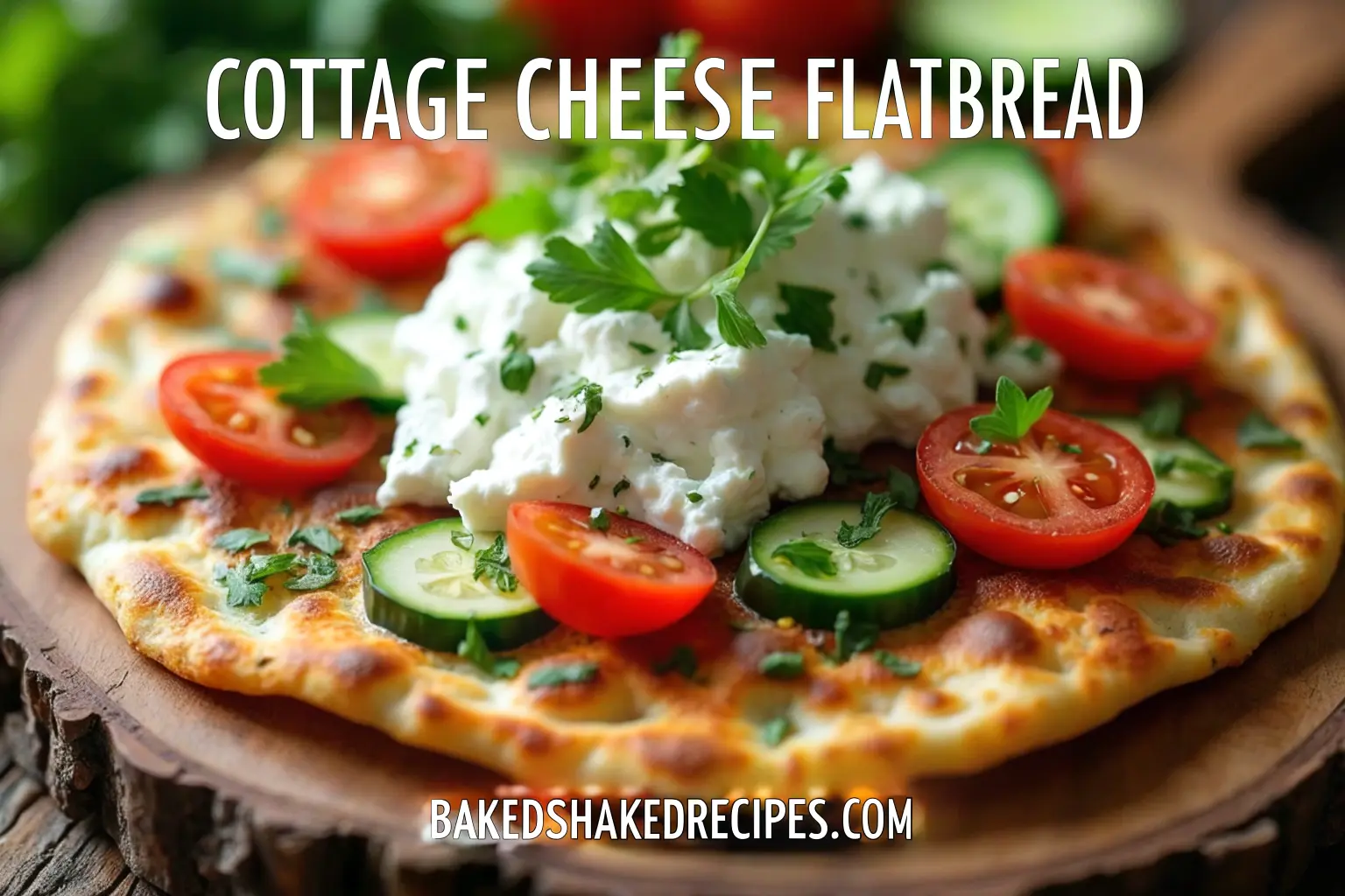 Close-up of cottage cheese flatbread topped with fresh herbs, cottage cheese, and colorful veggies.