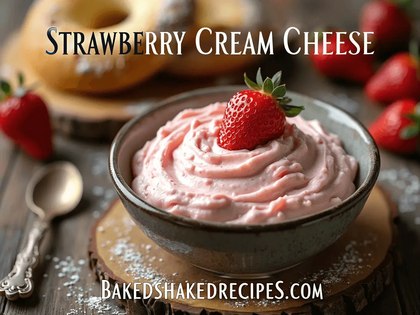 Homemade strawberry cream cheese spread in a bowl with fresh strawberries, a sliced bagel, and honey drizzle on a rustic wooden table.