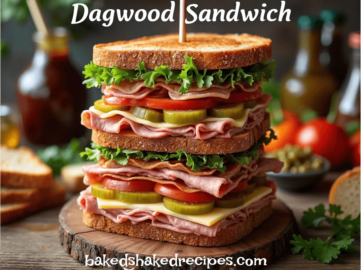 A stacked Dagwood sandwich with layers of meats, cheese, lettuce, tomato, and pickles on toasted bread, placed on a wooden board in a rustic kitchen setting.