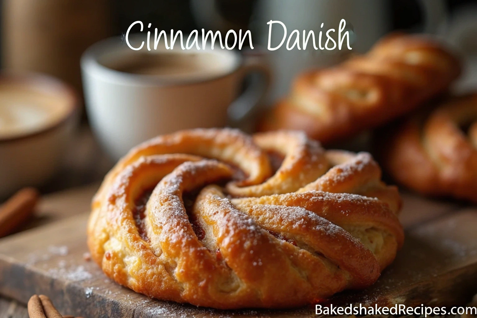 Freshly baked cinnamon danish with a golden brown crust, rich cinnamon filling, light glaze, and a cup of hot coffee on a rustic wooden table.