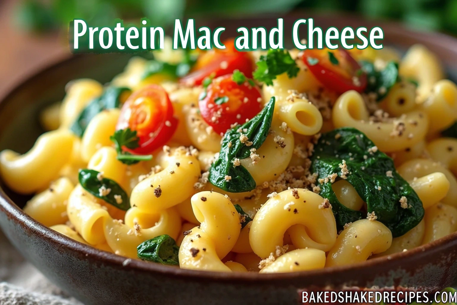 Protein mac and cheese with spinach, cherry tomatoes, and fresh herbs in a rustic bowl.