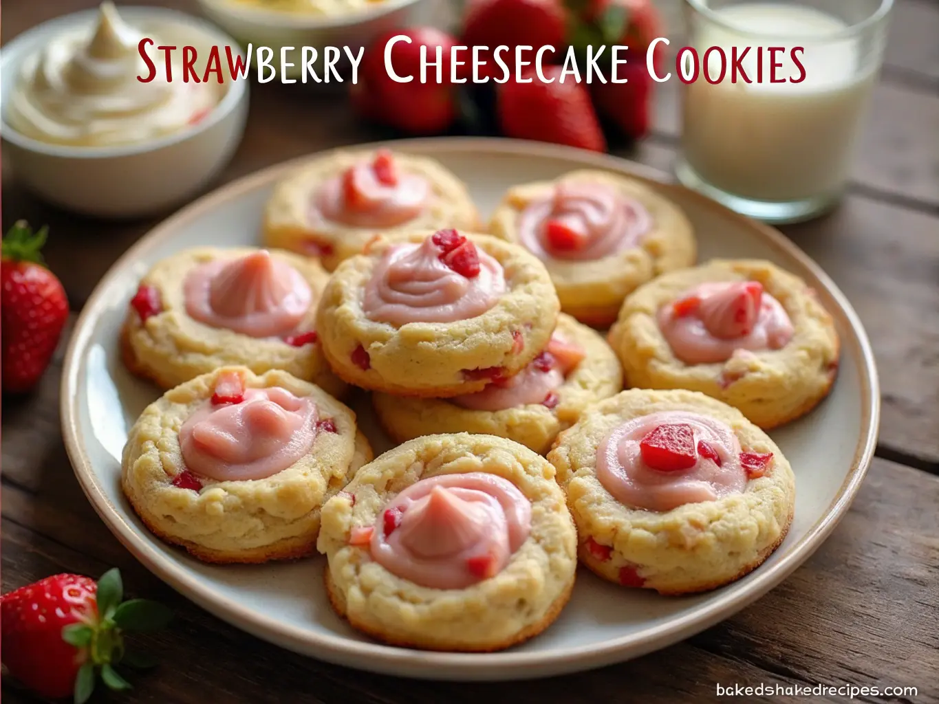 Freshly baked strawberry cheesecake cookies with creamy swirls and chunks of strawberries, placed on a wooden table surrounded by fresh strawberries, cream cheese, and a glass of milk.