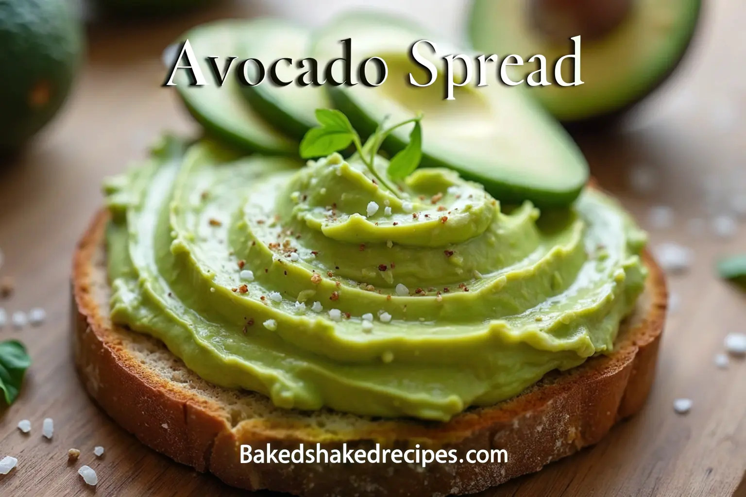 Close-up of creamy avocado spread on rustic toast, garnished with avocado slices and seasoning.