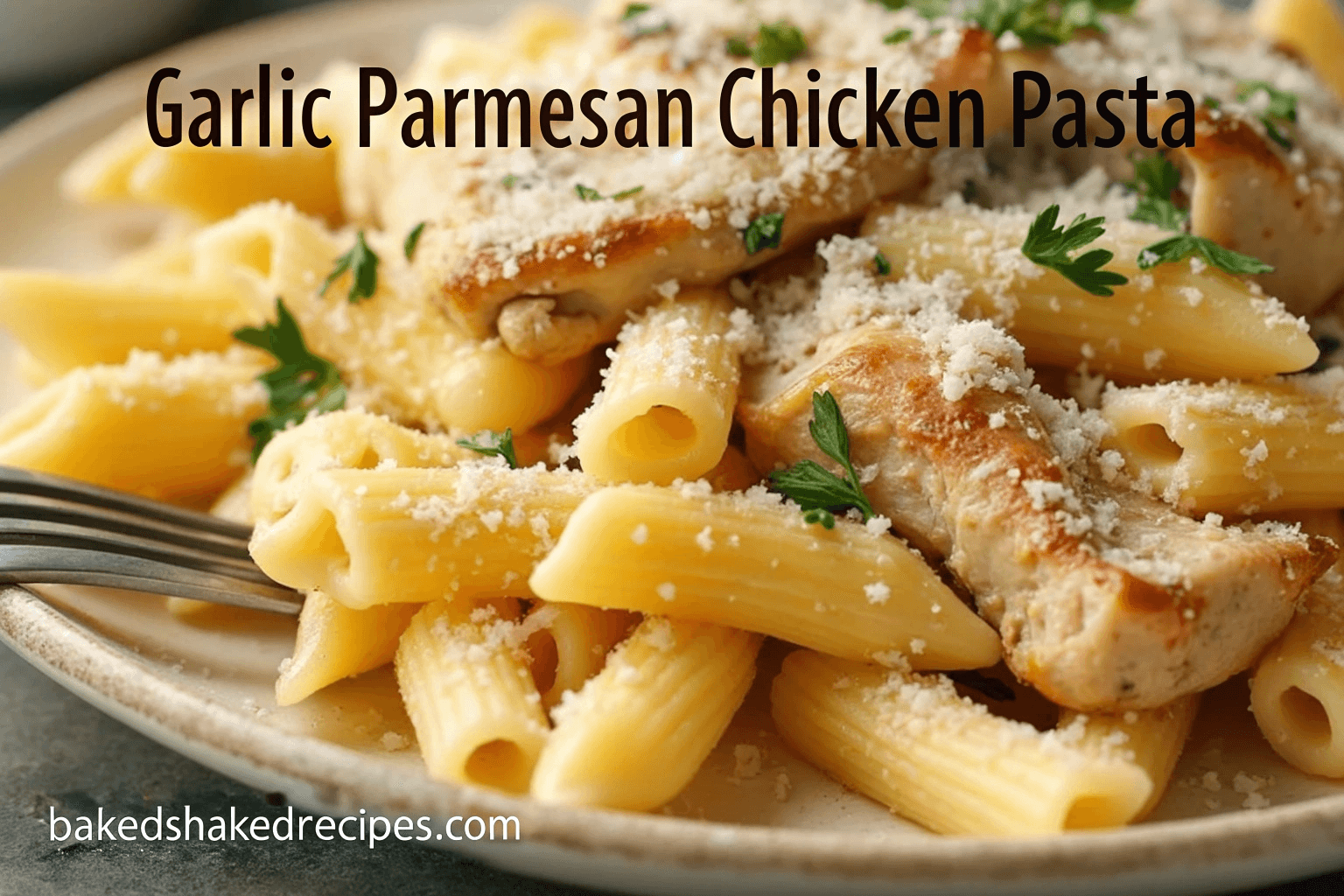 A delicious plate of garlic parmesan chicken pasta served with grilled chicken, creamy garlic sauce, and freshly grated parmesan cheese.