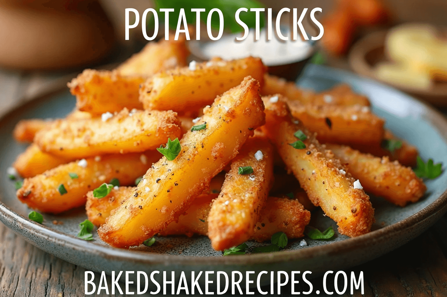 A plate of golden, crispy potato sticks served with dipping sauce on a wooden table.