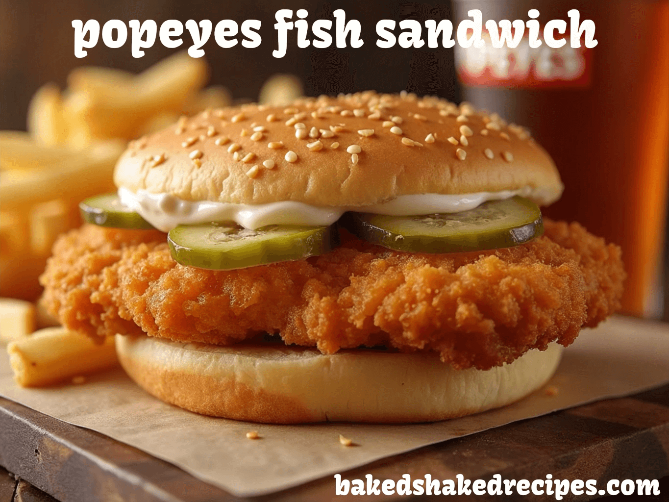 A crispy fish sandwich with a golden flounder fillet, served on a toasted brioche bun with tartar sauce and pickles, styled with fries and a drink in the background.