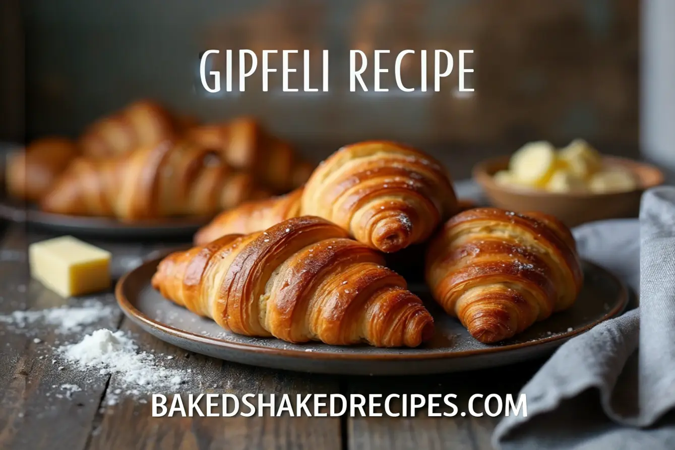 Freshly baked gipfeli (Swiss croissants) on a rustic wooden plate, showcasing golden, flaky layers with natural light.