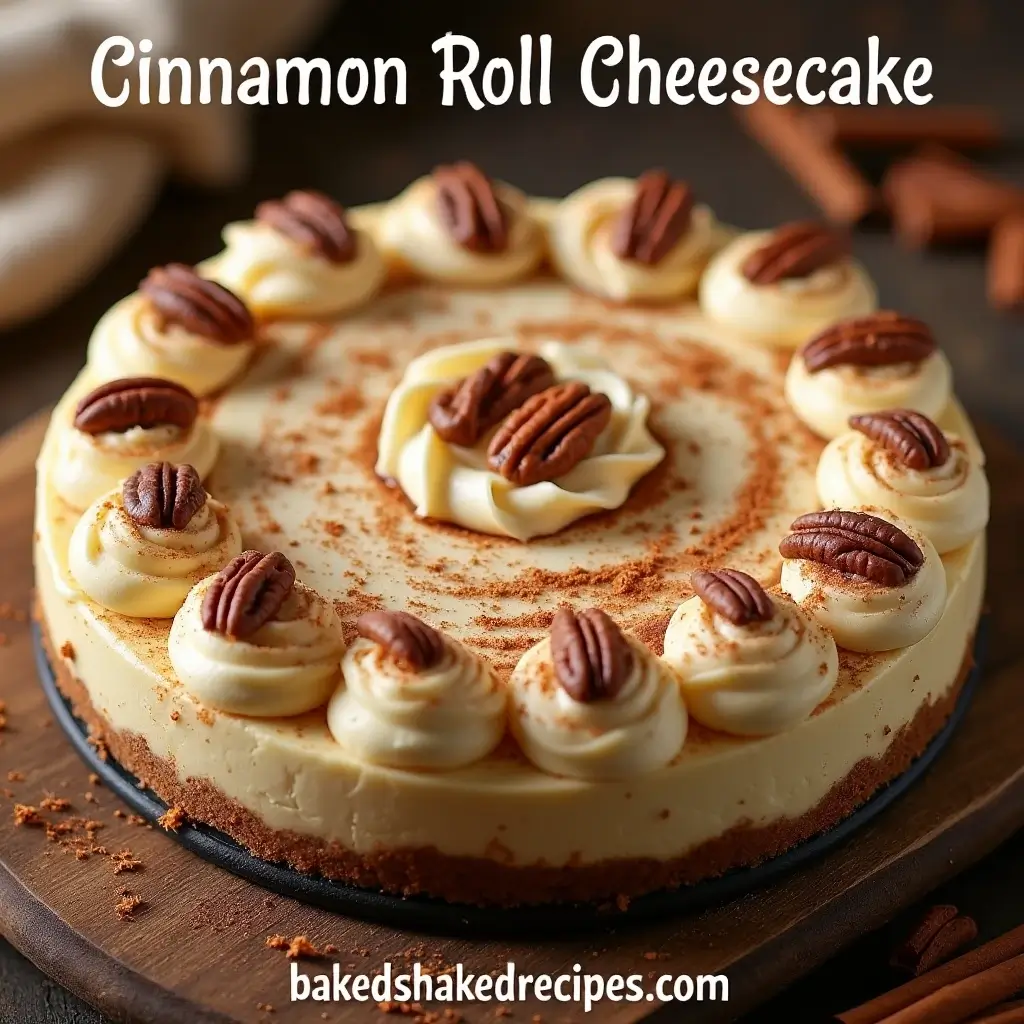 A delicious cinnamon roll cheesecake topped with cream cheese frosting and garnished with cinnamon and pecans, displayed on a rustic wooden table.