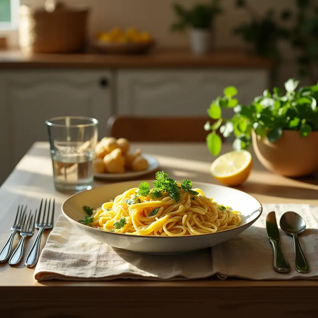 A bowl of gluten free egg noodles garnished with parsley and lemon, placed on a neatly set table with utensils and a glass of water.