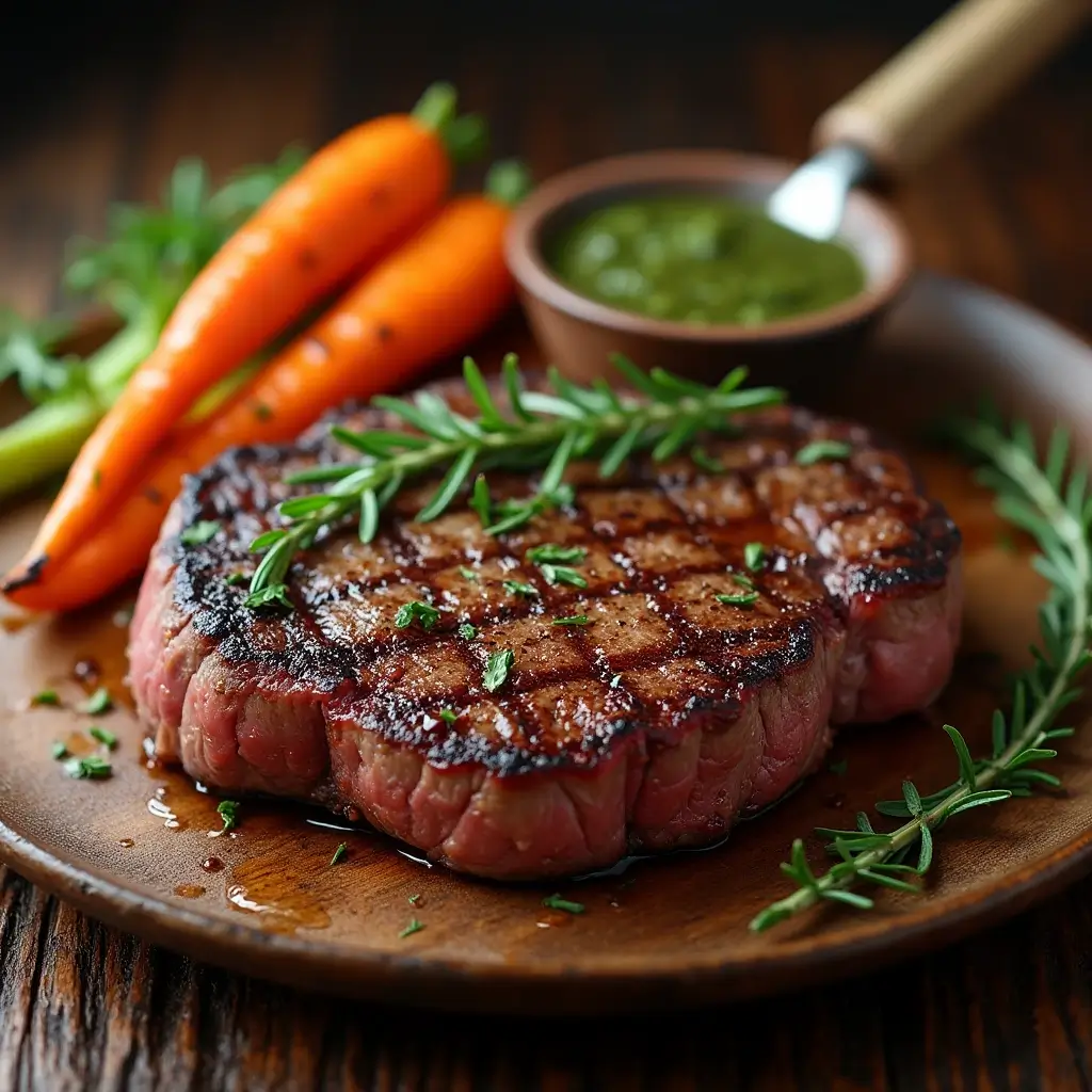 Delicious Garlic Butter Pan-Seared Chuck Eye Steak garnished with herbs and accompanied by roasted vegetables.