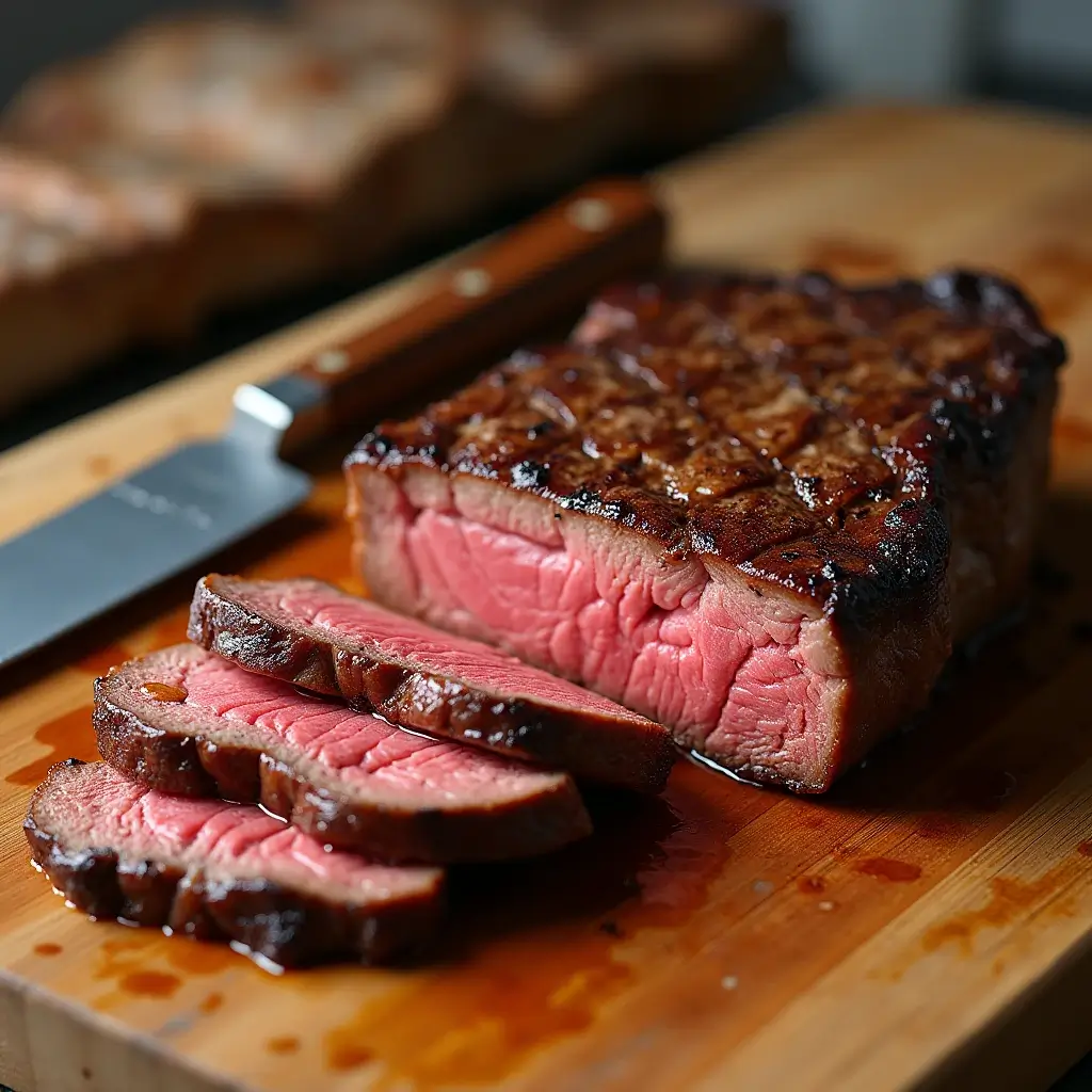 A juicy steak resting on a cutting board with a knife, highlighting the importance of resting meat before slicing.