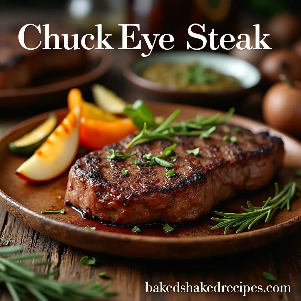 Deliciously cooked chuck eye steak garnished with fresh herbs and served with grilled vegetables and chimichurri sauce.