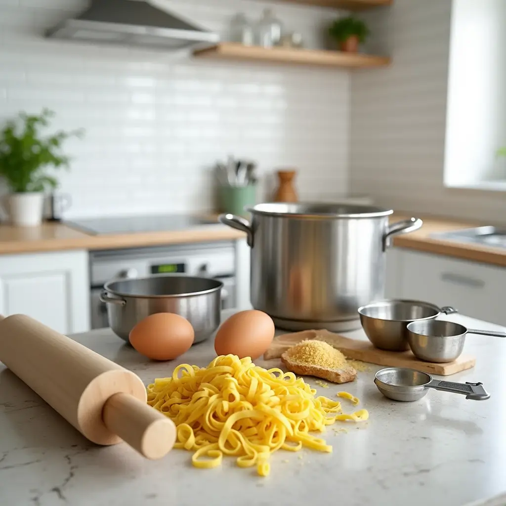 Essential kitchen tools for making gluten free egg noodles, including a rolling pin, pasta cutter, mixing bowl, measuring cups, and a pot on a clean countertop.