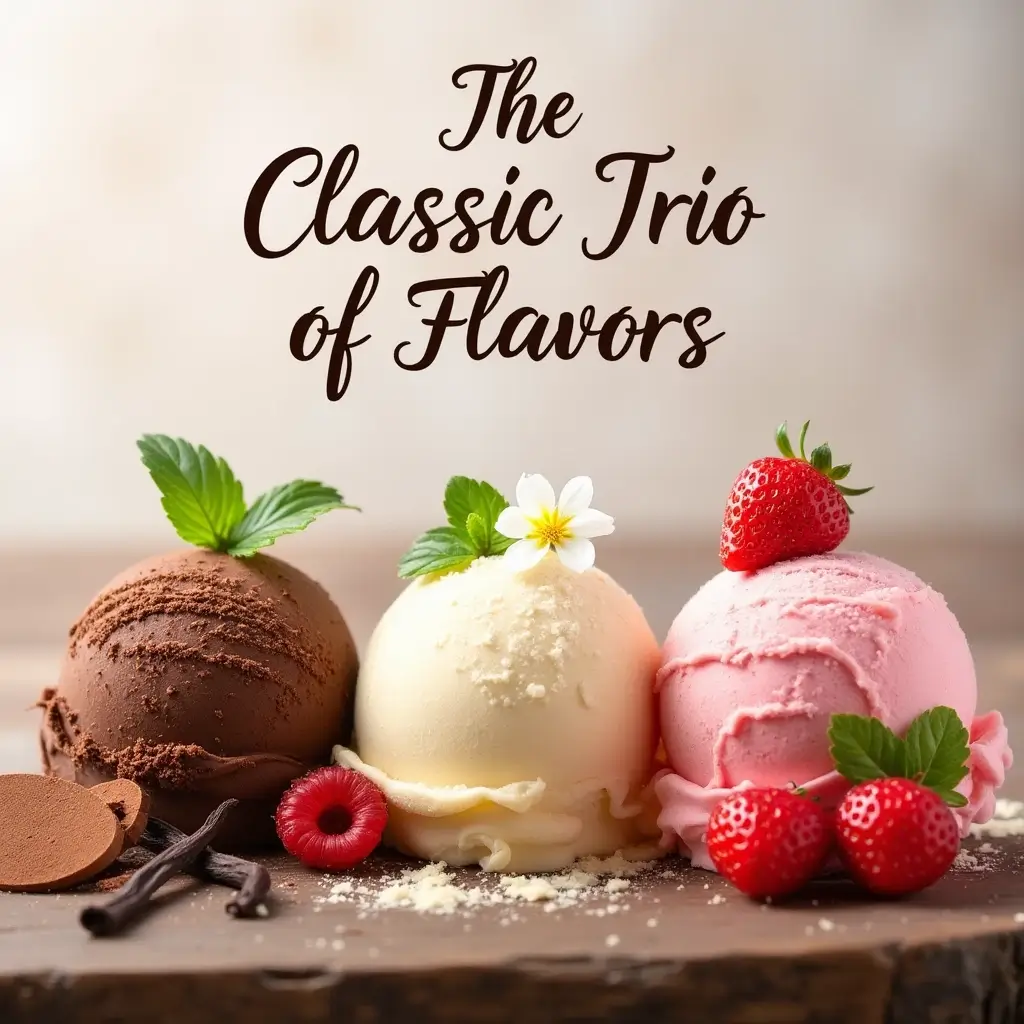 Three scoops of ice cream—chocolate, vanilla, and strawberry—styled with grated chocolate, a vanilla pod, and fresh strawberries on a rustic wooden surface.