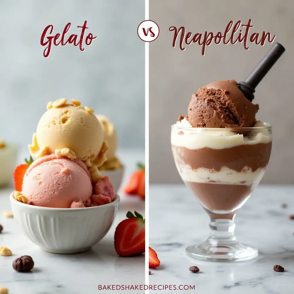 A side-by-side presentation of creamy gelato in pastel shades with fruit toppings and classic Neapolitan ice cream layered in chocolate, vanilla, and strawberry.