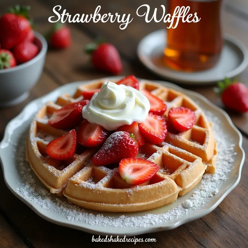 A plate of golden-brown strawberry waffles topped with fresh strawberries, whipped cream, syrup drizzle, and powdered sugar on a rustic wooden table.