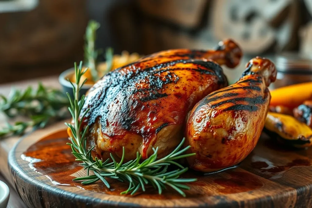 A photorealistic image of a grilled charcoal chicken on a wooden table, surrounded by rosemary and roasted vegetables.