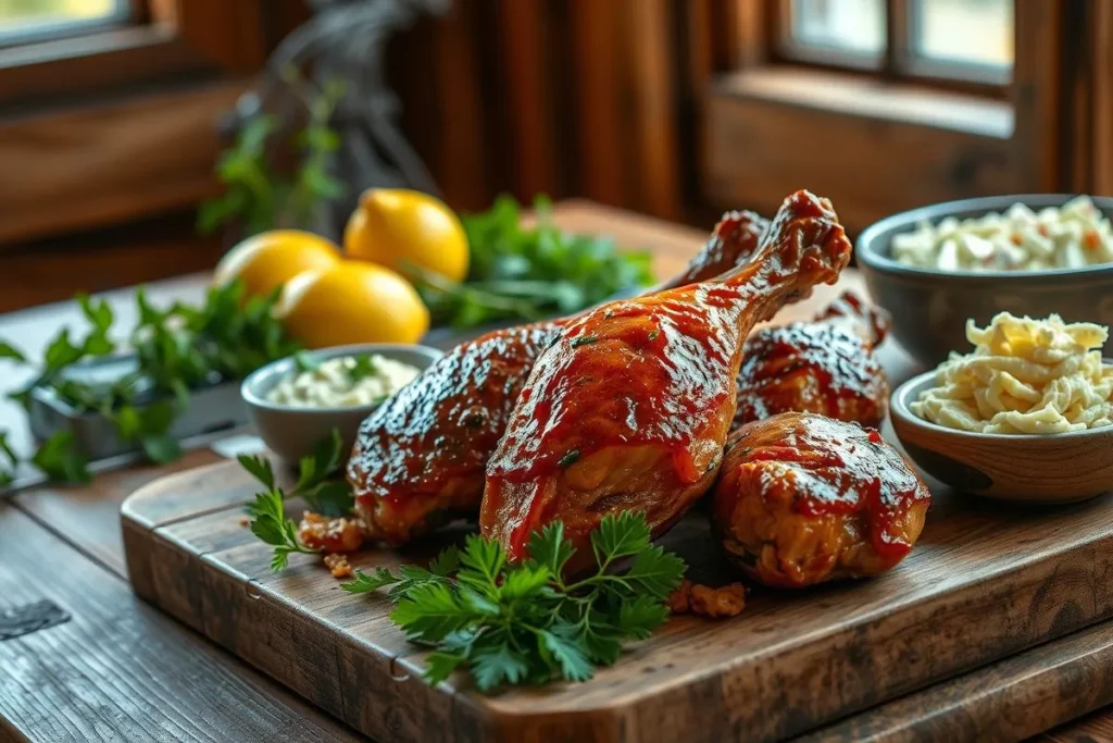 A close-up of a delicious charcoal chicken dish on a wooden table, surrounded by fresh herbs and lemons.