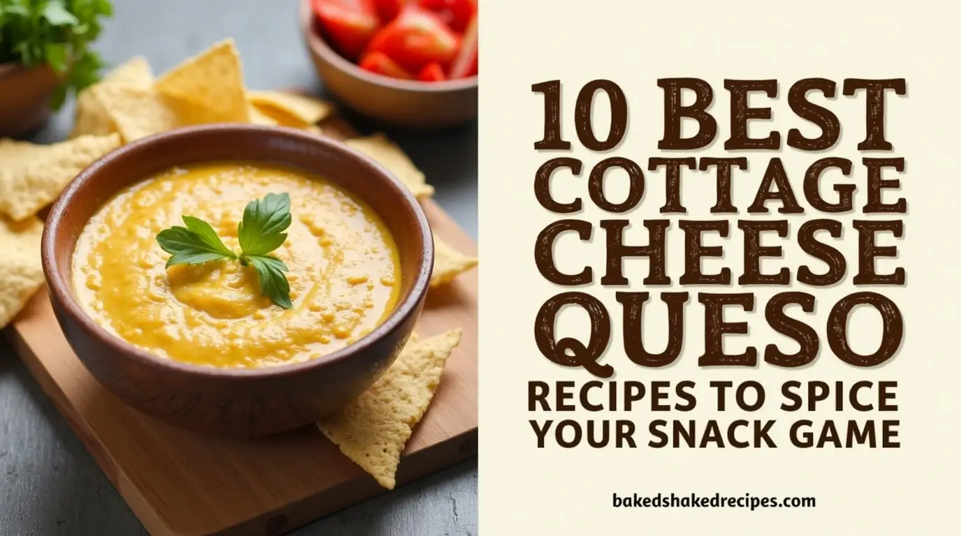 10 Best Cottage Cheese Queso Recipes to Spice Up Your Snack Game 1 A bowl of creamy cottage cheese queso surrounded by tortilla chips, veggies, and bread, with the title '10 Best Cottage Cheese Queso Recipes to Spice Up Your Snack Game' displayed in bold, rustic lettering on the right side. Below the image, the website name 'bakedshakedrecipes.com' is shown in a clean font.