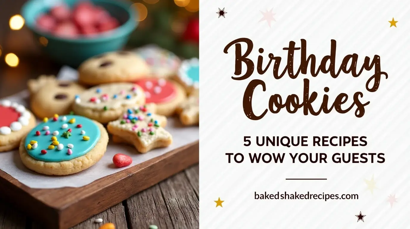 Birthday Cookies: 5 Unique Recipes to Wow Your Guests 6 Festive birthday cookies arranged on a rustic wooden table, with the title ‘Birthday Cookies: 5 Unique Recipes to Wow Your Guests’ displayed in bold, rustic lettering and the website name ‘bakedshakedrecipes.com’ below.