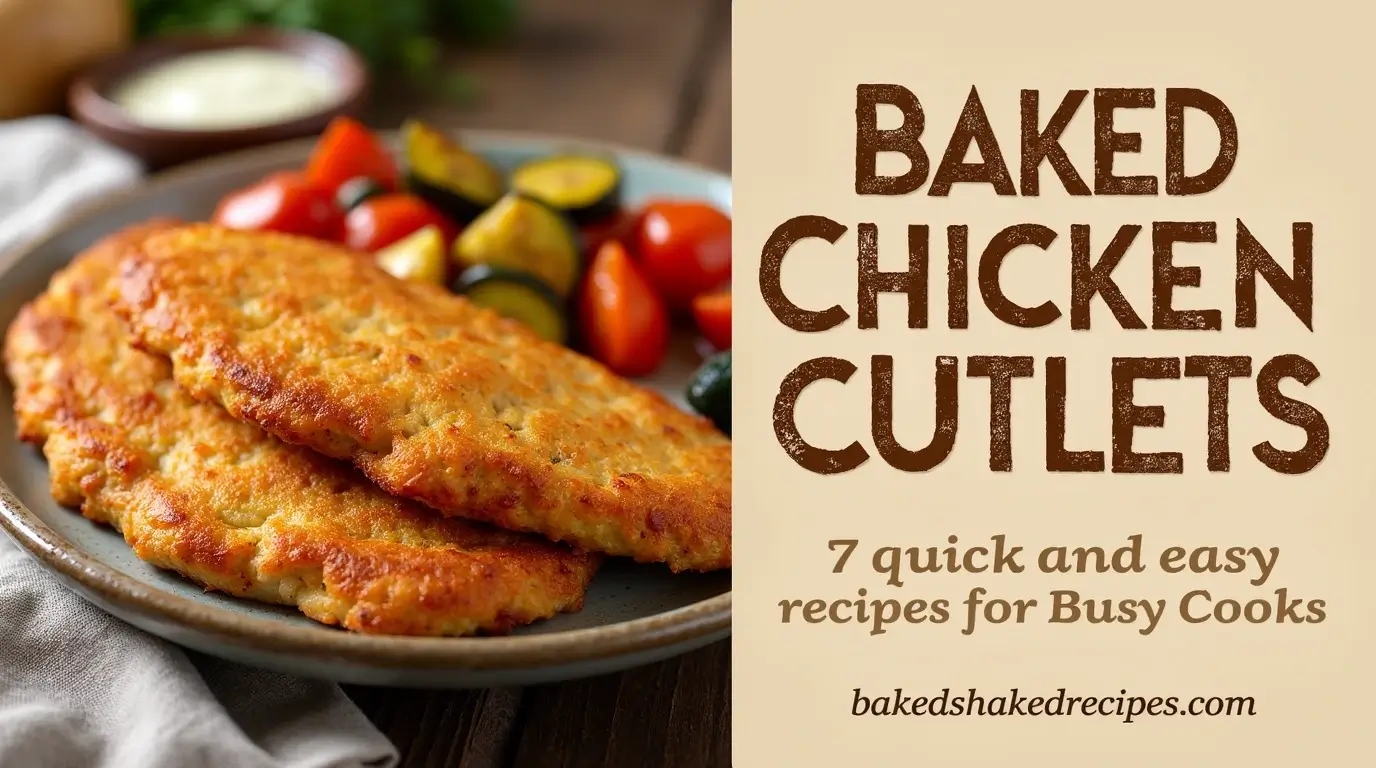 Image showing a plate of crispy baked chicken cutlets on the left with the title 'Baked Chicken Cutlets: 7 Quick and Easy Recipes for Busy Cooks' in rustic font and the website 'bakedshakedrecipes.com' on the right side.