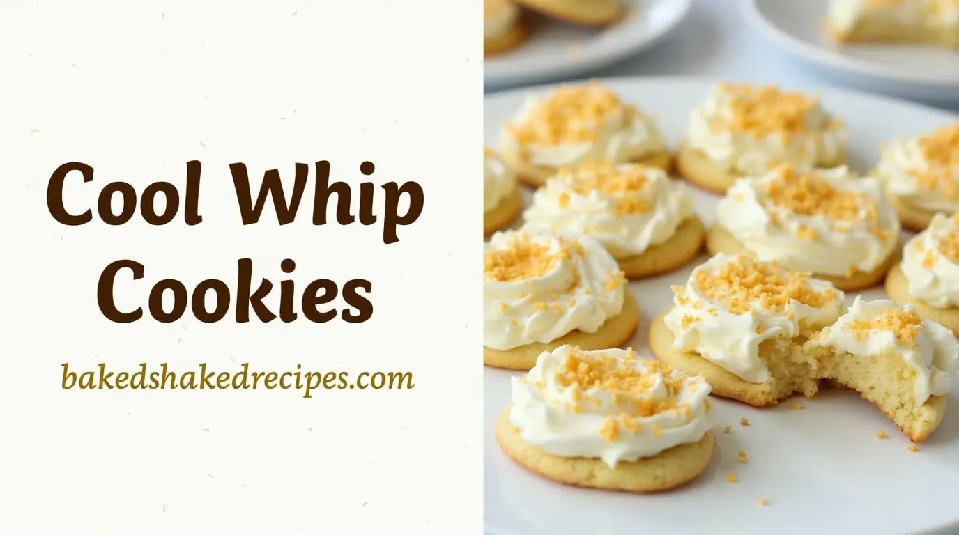 Cool Whip Cookies: 8 Delicious Recipes You Have to Taste 5 Cool Whip Cookies recipe on the left side with ingredients and instructions, and the title "Cool Whip Cookies" in bold rustic lettering on the right side, with the website name ‘bakedshakedrecipes.com’ below.
