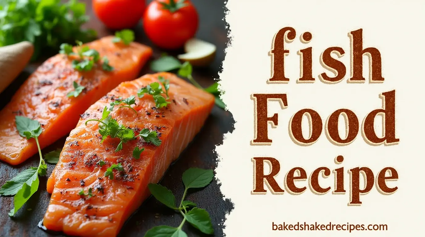 An image split vertically: left side features a fresh fish food recipe with ingredients like fish fillets, herbs, and vegetables; right side displays the title 'fish food recipe' in bold rustic lettering and the website name 'bakedshakedrecipes.com' in a clean font.