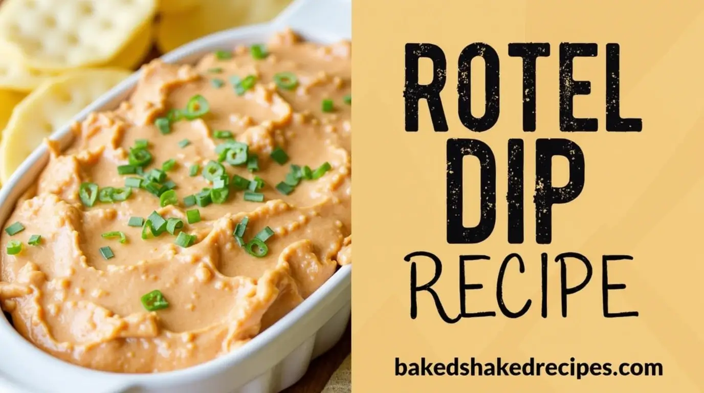 Rotel dip recipe served with chips, with title and website name.