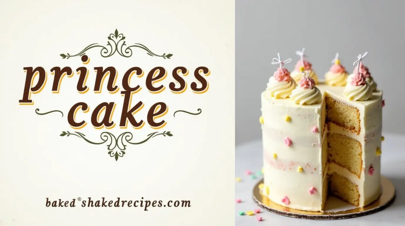 Princess cake image with a division showing the cake on one side and text with the title 'princess cake' and website 'bakedshakedrecipes.com' on the other.