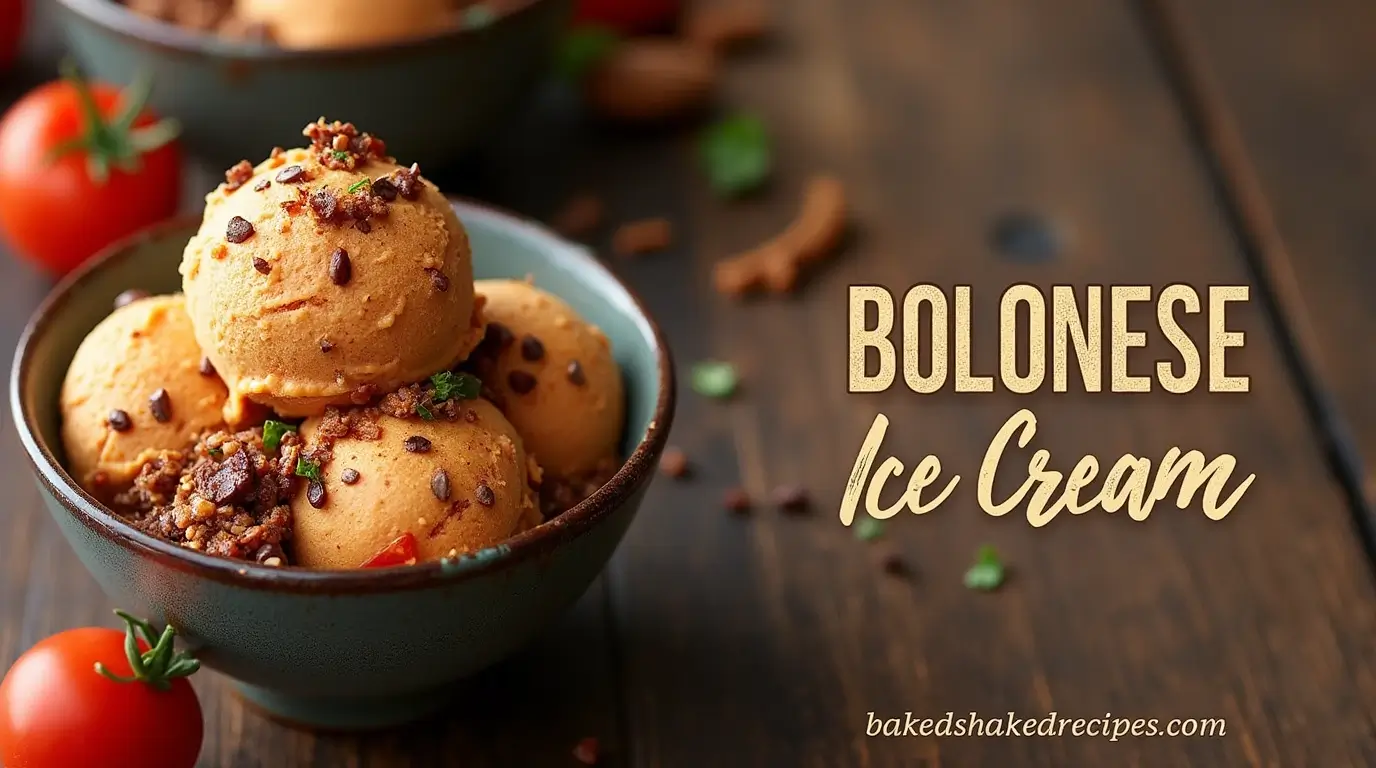 A vertically split image featuring Bolognese ice cream on the left, served in a rustic bowl with visible savory ingredients, and bold, rustic text on the right reading 'Bolognese Ice Cream' with the website name 'bakedshakedrecipes.com' below.