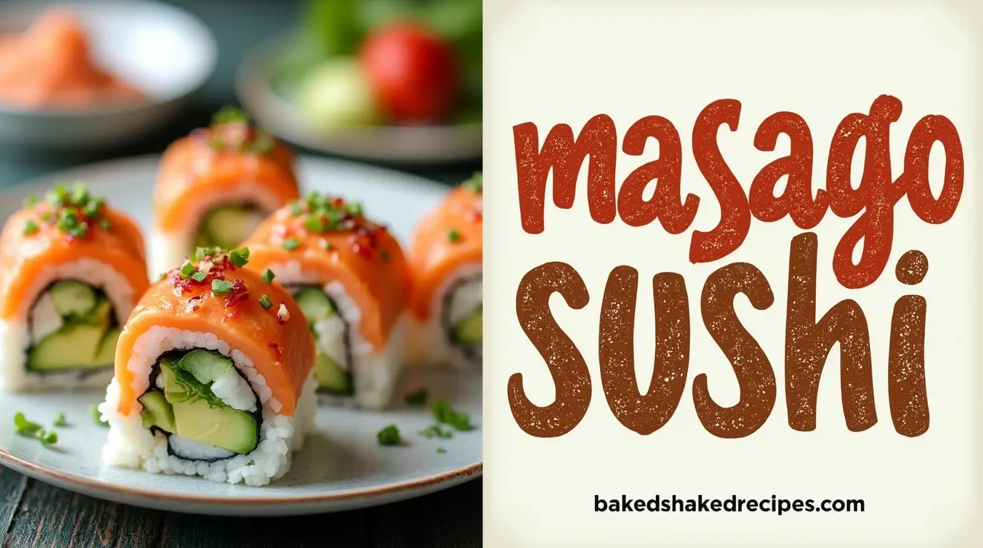 A vibrant plate of masago sushi rolls on the left, with the title 'masago sushi' in bold, rustic lettering and the website name 'bakedshakedrecipes.com' below on the right.