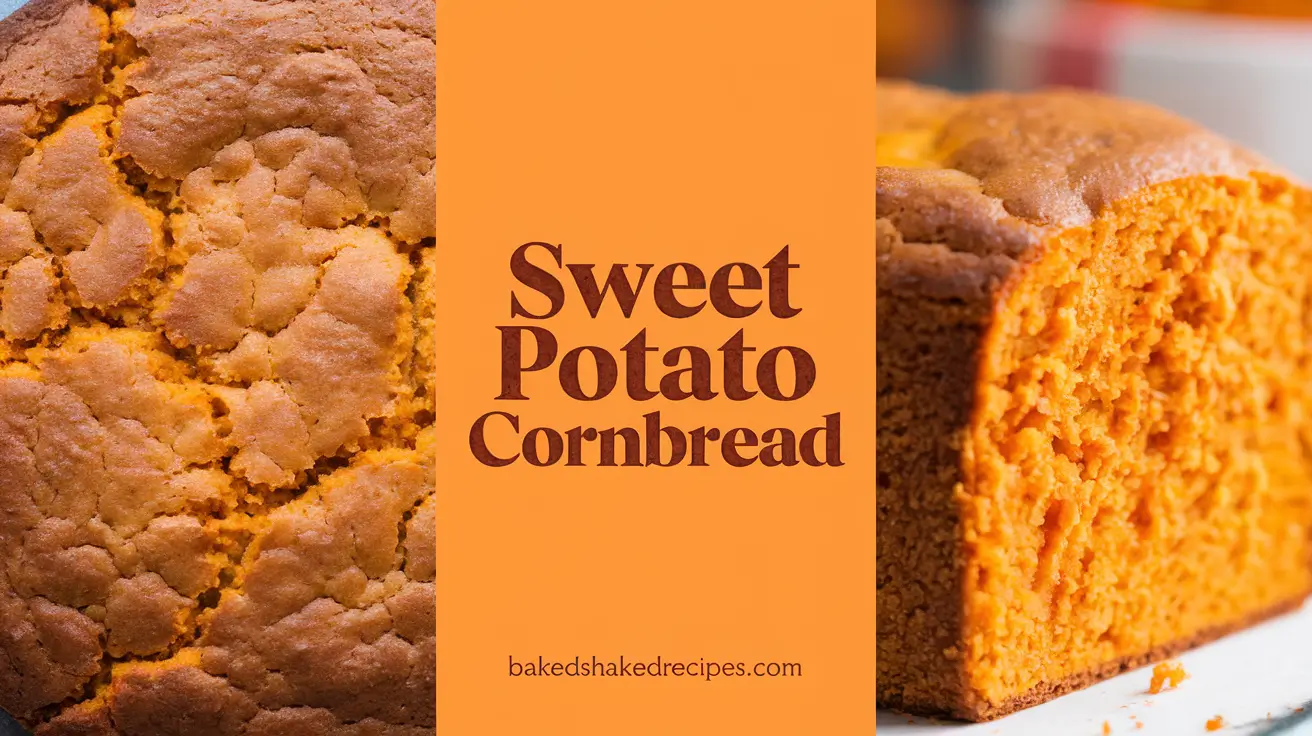 Sweet potato cornbread with the title 'sweet potato cornbread' in bold rustic lettering and website name 'bakedshakedrecipes.com' below.