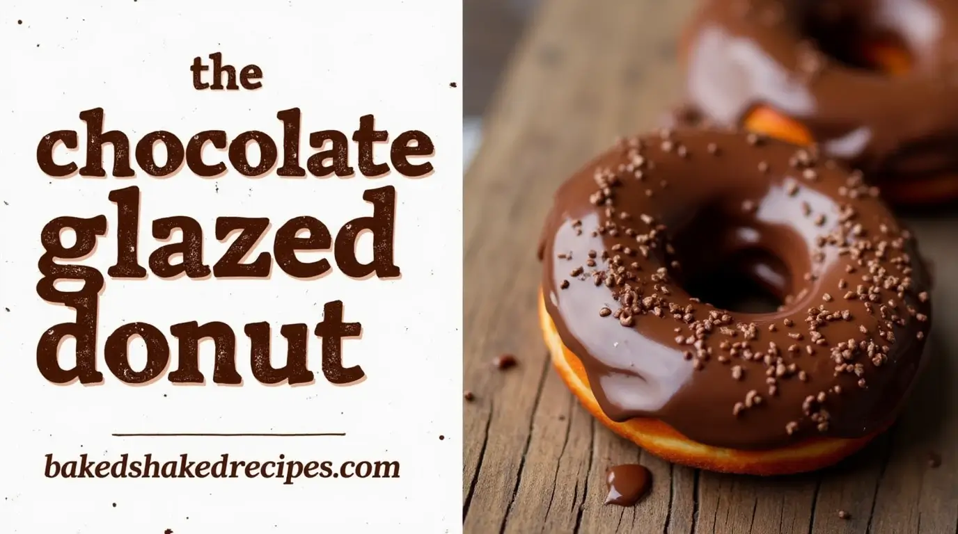 Chocolate Glazed Donut Recipes: 3 Amazing Ways to Enjoy 4 An image of a chocolate glazed donut with glossy icing and sprinkles, displayed on a rustic wooden table. The image is split vertically, with the donut on the left and text on the right describing the title and website name.