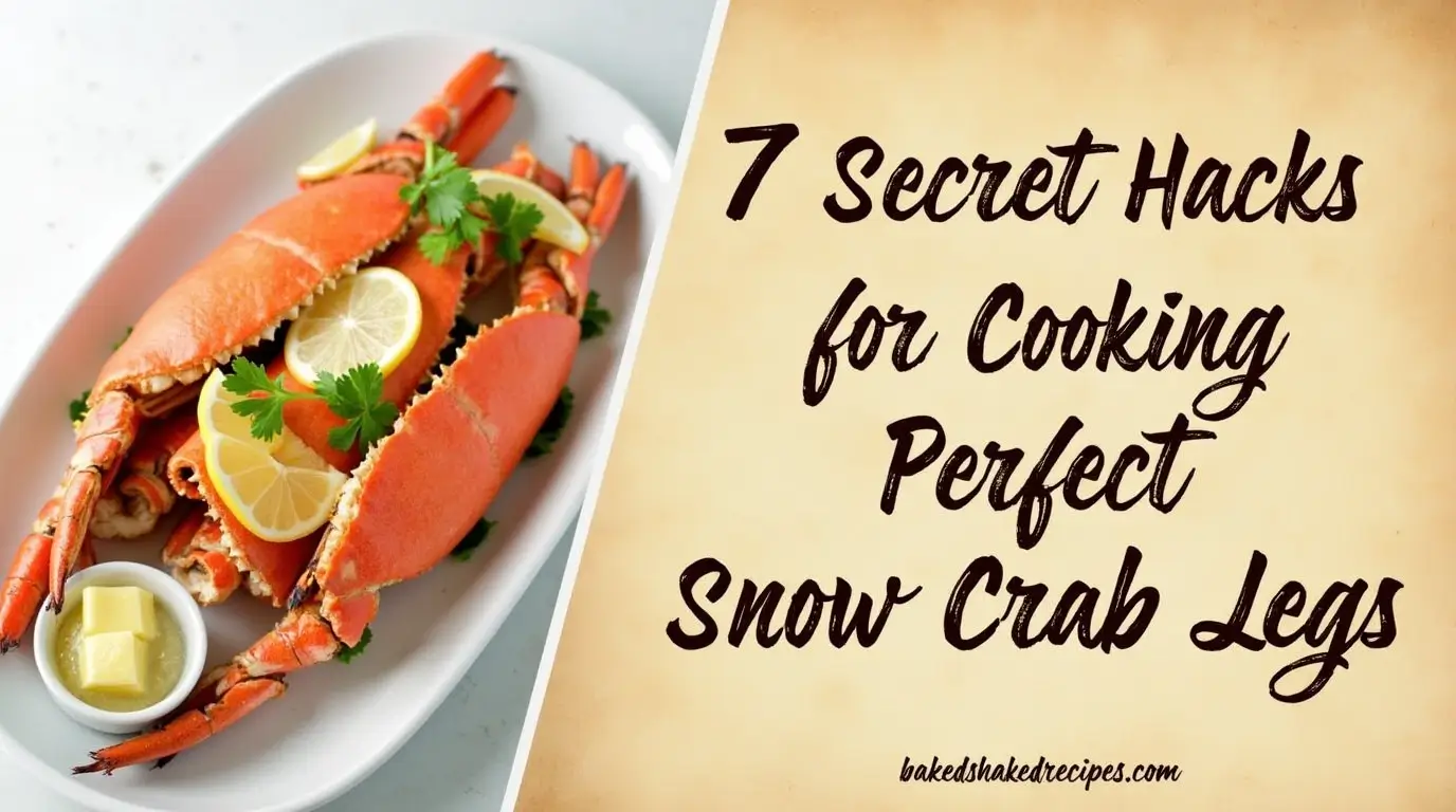 A vertical split-image featuring deliciously cooked {{Snow Crab Legs}} on one side and a parchment-textured background with a recipe and title on the other.