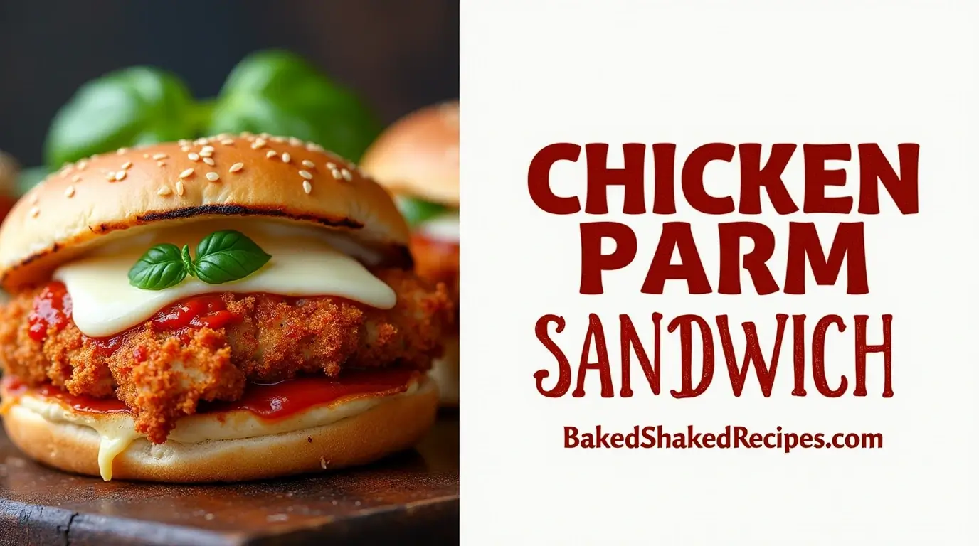 A vertically divided image featuring a chicken parm sandwich on the left with melted cheese, crispy chicken, and marinara sauce, and text on the right with the title 'Chicken Parm Sandwich' in bold rustic lettering and the website name 'bakedshakedrecipes.com' below.