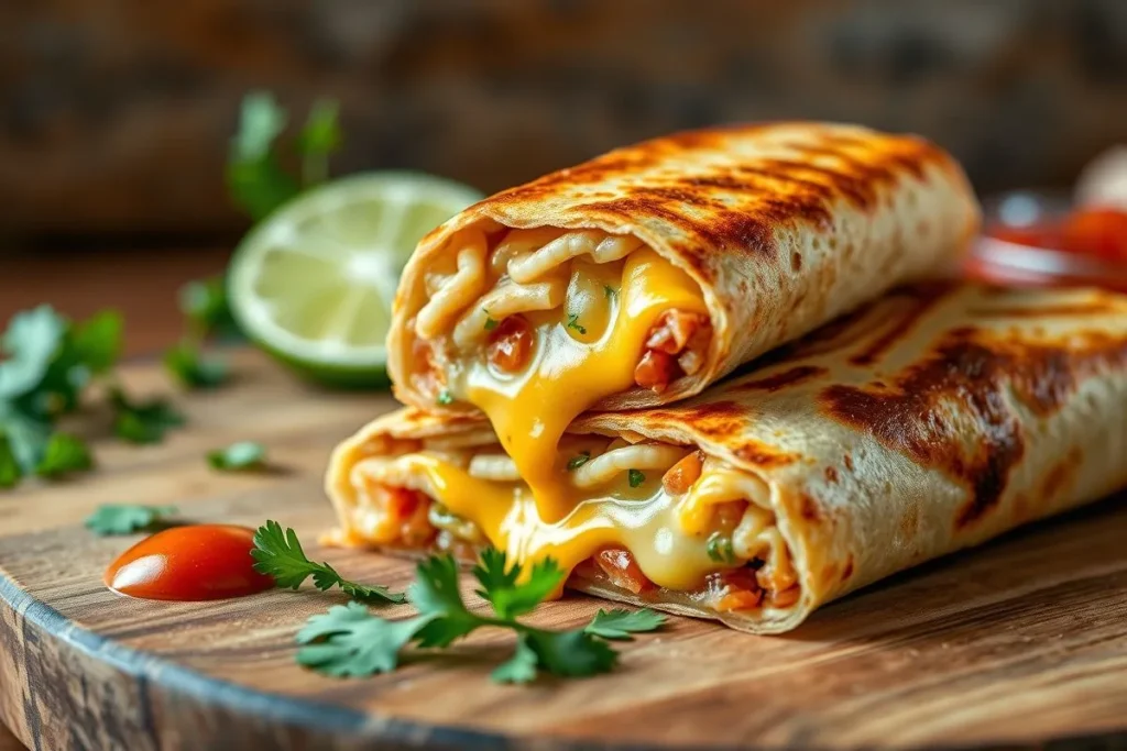 Close-up of a grilled cheese burrito with melted cheese, fresh cilantro, and a side of salsa