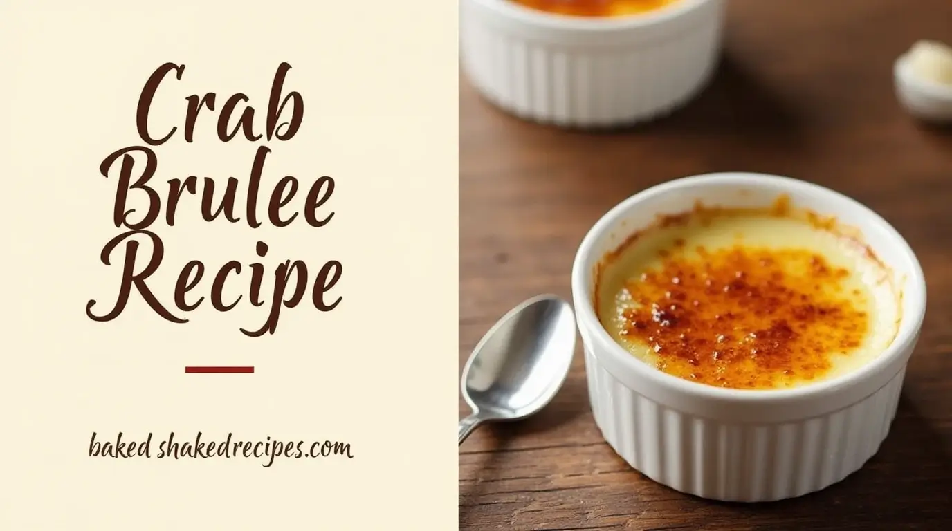 Crab Brulee Recipe with caramelized sugar crust, divided into two sections: one showing the dish, the other featuring text.