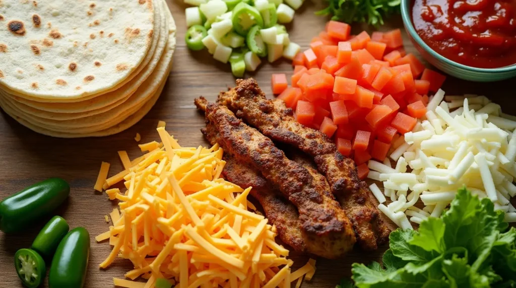 Fresh ingredients for a grilled cheese burrito, including tortillas, shredded cheese, seasoned protein, diced tomatoes, lettuce, and creamy sauce, displayed on a rustic wooden counter.