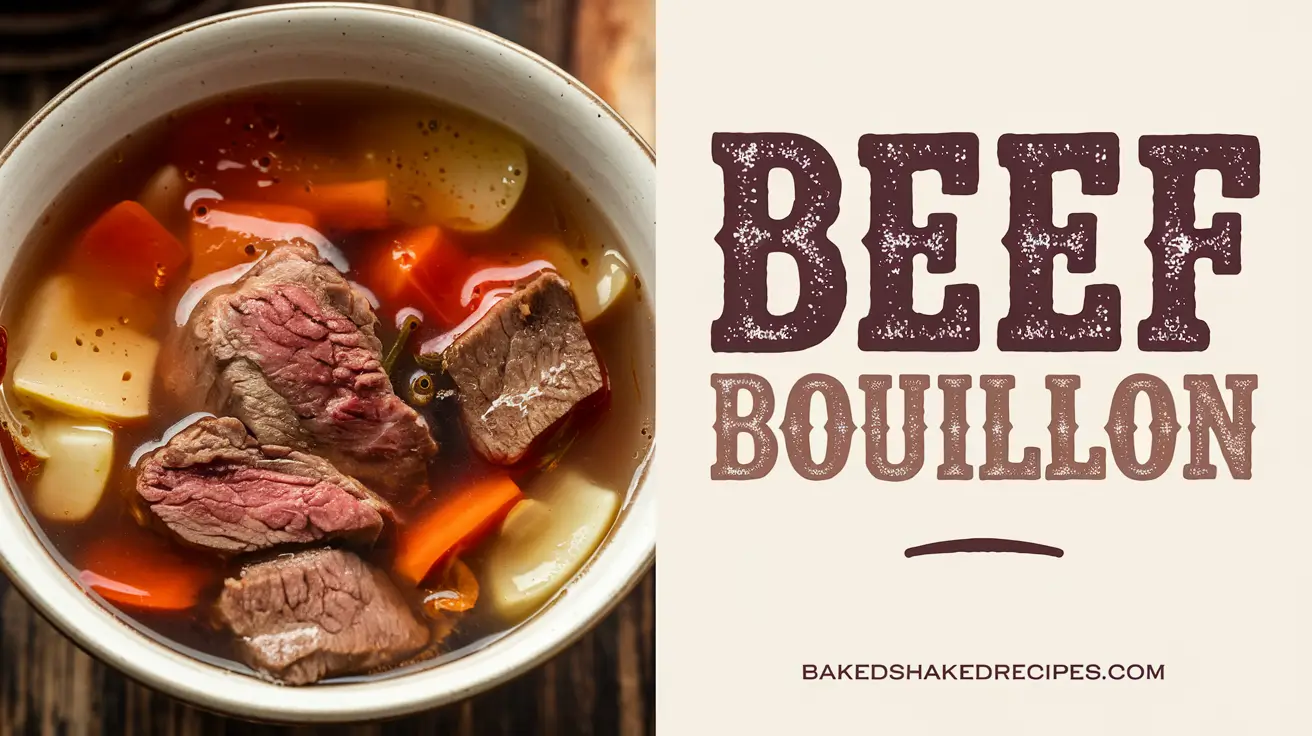 An image split vertically: left side features a steaming pot of beef bouillon with fresh ingredients; right side displays the bold, rustic title 'Beef Bouillon' and the website name 'bakedshakedrecipes.com' below.