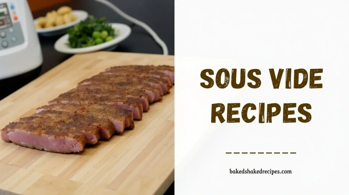 7 Best Sous Vide Recipes to Try This Year (2025’s Top Choices) 1 Sous vide recipe with ingredients and sous vide machine, with the title "sous vide recipes" in bold rustic font and website name "bakedshakedrecipes.com" below.