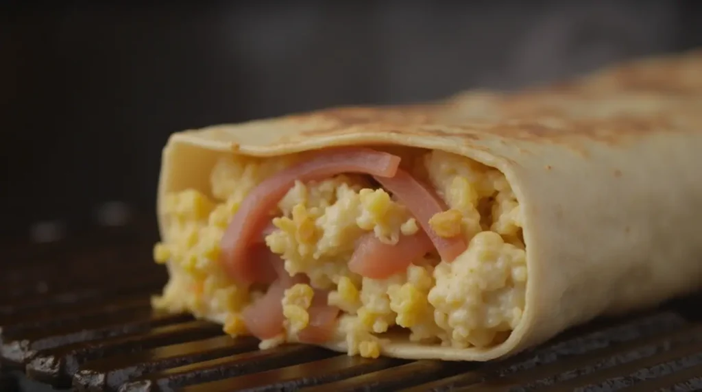 Close-up of a grilled cheese burrito being cooked on a grill, with melted cheese oozing from the edges and crispy golden-brown grill marks on the tortilla.