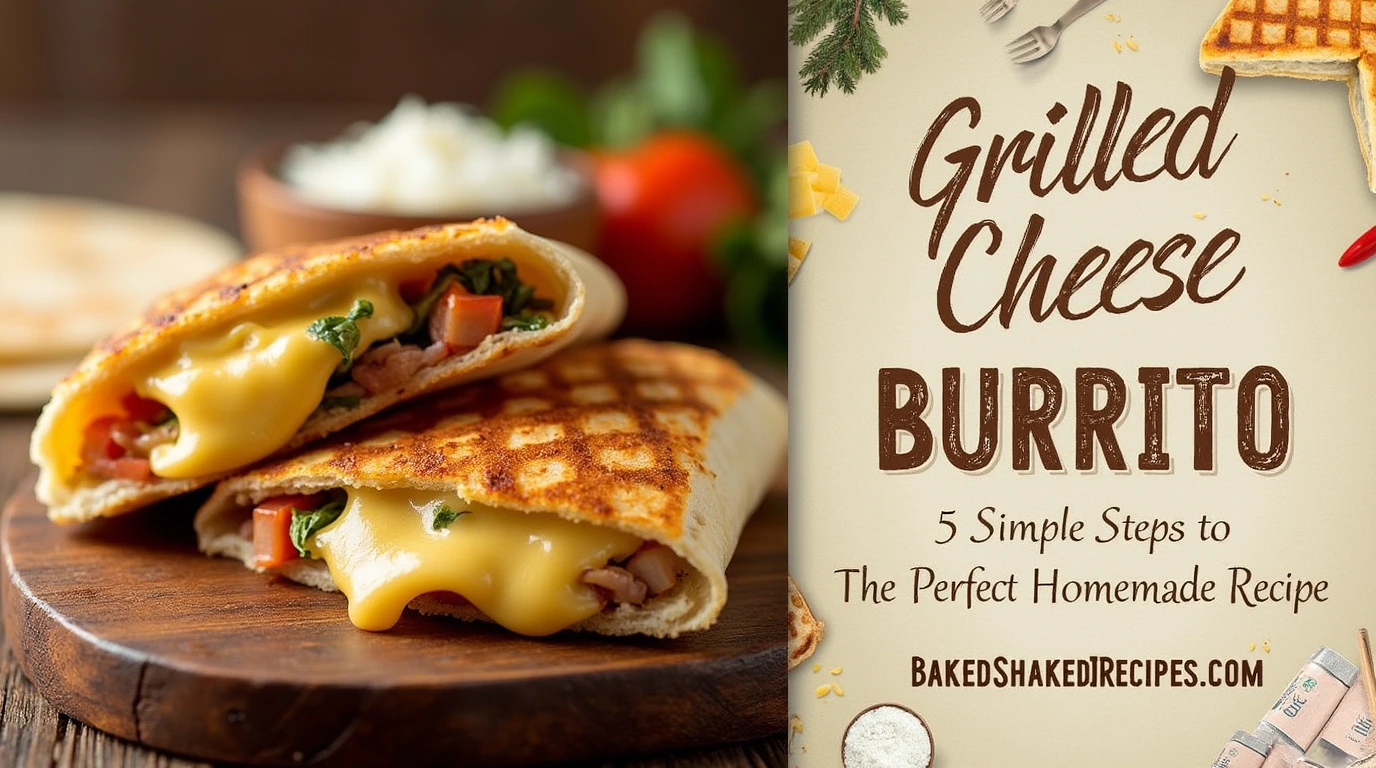 A perfectly grilled cheese burrito with a crispy golden tortilla and gooey melted cheese, divided into two sections: one showcasing the burrito and the other displaying the recipe.