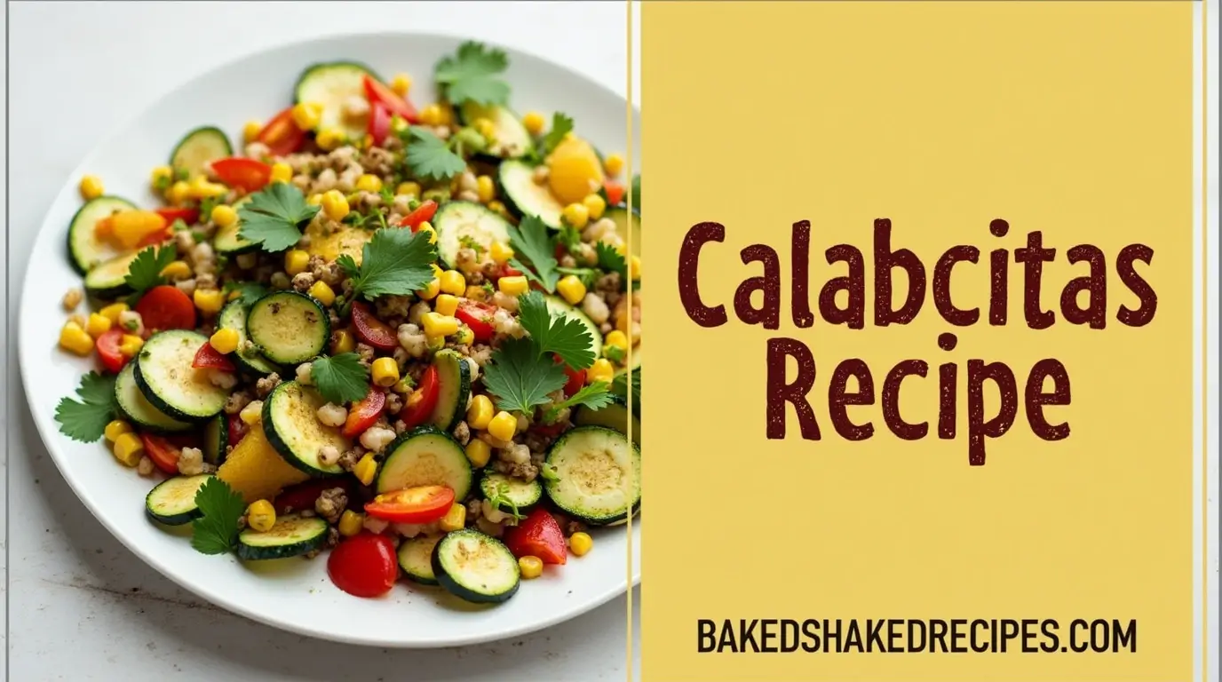 Calabacitas recipe served in a vibrant dish with fresh vegetables and the text 'Calabacitas Recipe' in bold rustic font on the right side of the image.