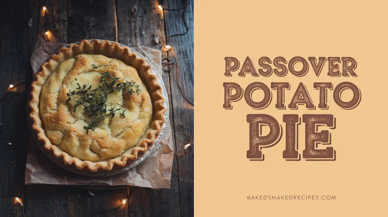 Golden Passover potato pie with fresh herbs, styled on a rustic wooden table, with bold rustic lettering reading 'Passover Potato Pie' and the website name 'bakedshakedrecipes.com' below.