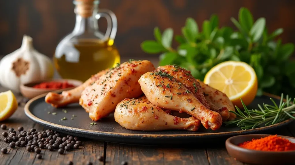 Fresh ingredients for charcoal chicken recipe, including chicken, garlic, lemon, rosemary, paprika, and olive oil, arranged on a rustic wooden table with a smoky BBQ theme.