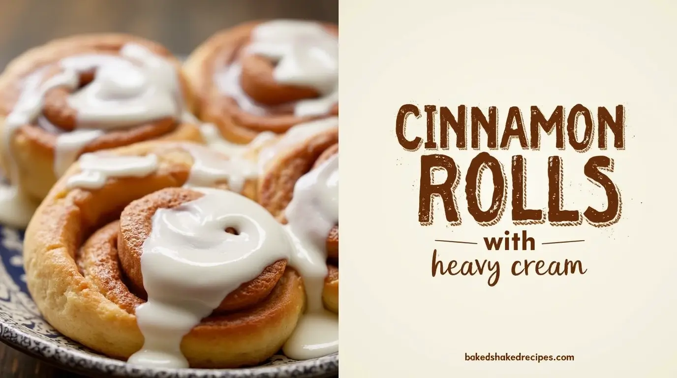 5 Best Cinnamon Rolls with Heavy Cream Recipes (You Need These!) 1 Freshly baked cinnamon rolls with heavy cream drizzled on top, divided vertically with rustic text on the right side.