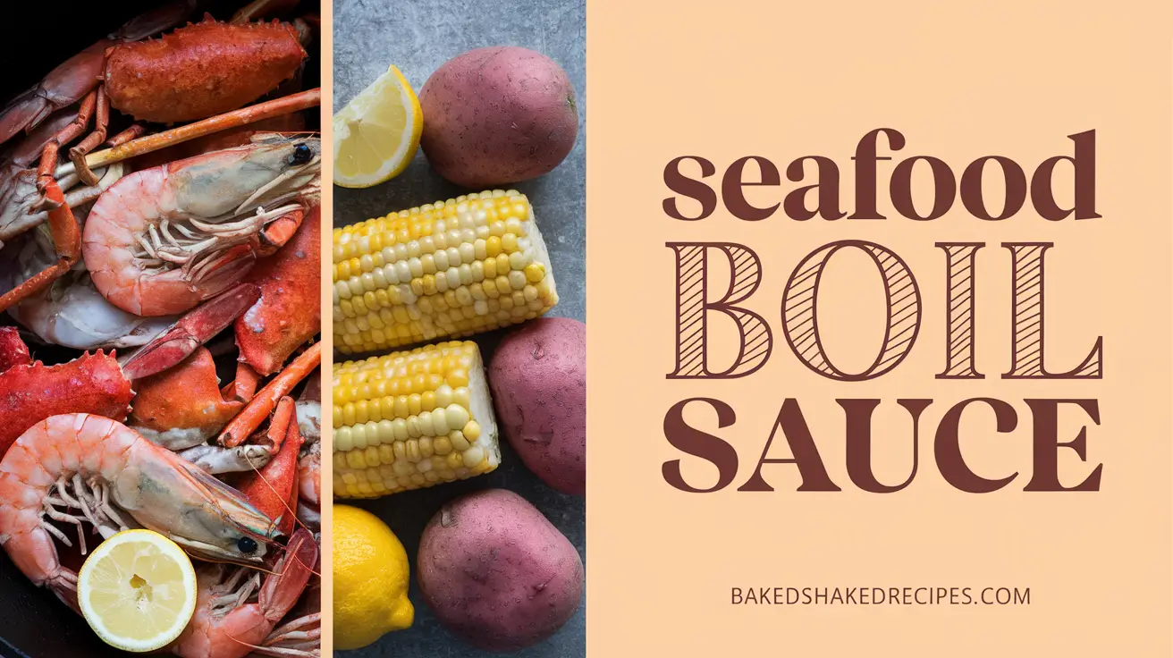 seafood boil sauce recipe preparation process on the left, with bold title and website name on the right.